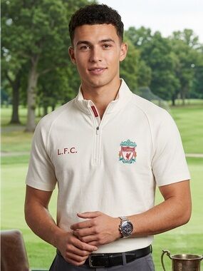 Liverpool White Short-Sleeve Quarter Zip Polo with Crest me s size small